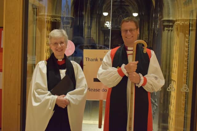 Rev Mary Barr pictured with Bishop of Leicester, the Rt Rev Martyn Snow, at last night's ceremony at St Mary's, Melton
PHOTO PHIL BALDING