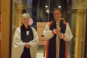 Rev Mary Barr pictured with Bishop of Leicester, the Rt Rev Martyn Snow, at last night's ceremony at St Mary's, Melton
PHOTO PHIL BALDING