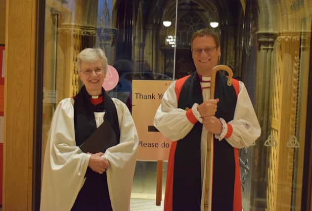 Rev Mary Barr pictured with Bishop of Leicester, the Rt Rev Martyn Snow, at last night's ceremony at St Mary's, Melton
PHOTO PHIL BALDING