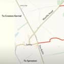 A map showing Saltby Airfield (red hatched area) and the proposed HGV entry route to the east (via The Butts) and the exit route to the north (Wyeville Road)