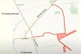 A map showing Saltby Airfield (red hatched area) and the proposed HGV entry route to the east (via The Butts) and the exit route to the north (Wyeville Road)