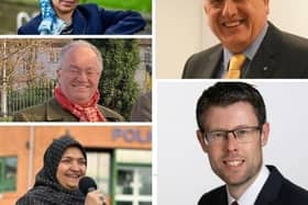 Candidates for the Leicestershire Police and Crime Commissioner elections 2024 (clockwise from top left) - Aasiya Bora (Green), Ian Sharpe (Lib Dem), Rory Palmer (Labour), Fizza Askari (One Leicester) and Rupert Matthews (Conservative)