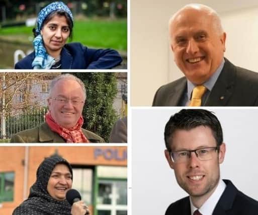 Candidates for the Leicestershire Police and Crime Commissioner elections 2024 (clockwise from top left) - Aasiya Bora (Green), Ian Sharpe (Lib Dem), Rory Palmer (Labour), Fizza Askari (One Leicester) and Rupert Matthews (Conservative)