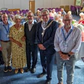 Special guests at the anniversary party for Melton u3a, from left, Graham Cherryman, Kathy Slack (past chairs) , Iain Cassidy (CEO Third Age Trust), Winifred Maine,  Alan Barton (past chairs)  Mayor of Melton Jim Adcock and current chair, David Ramsden