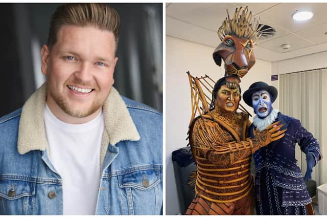 SMB College Group performing arts alumni Joshua Lloyd and pictured in his costume as Scar in The Lion King (left)