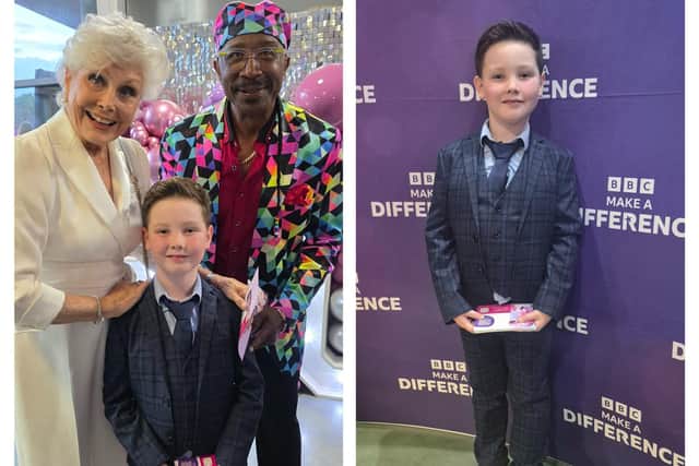 Maxwell Appleyard pictured at the Make A Difference Awards with (left) Angela Rippon and Mr Motivator