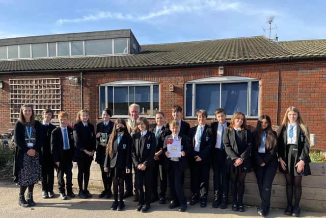 The Gardening Group, led by Mrs Needham, receive their gold award from the Mayor of Melton for winning the secondary school competition in Melton in Bloom’s Queen’s Platinum Jubilee Competition
