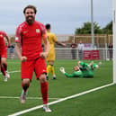 Paul Anderson celebrates his goal against Selston. Photo by Mark Woolterton/Melton Town FC.