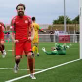 Paul Anderson celebrates his goal against Selston. Photo by Mark Woolterton/Melton Town FC.