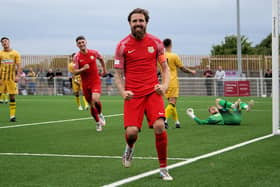 Paul Anderson celebrates his goal against Selston. Photo by Mark Woolterton/Melton Town FC.