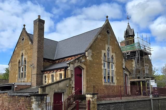 Scaffolding around Somerby School's historic bell tower, which needs urgent repairs