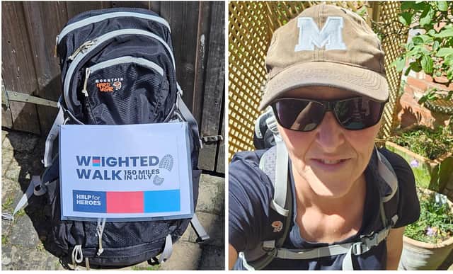 Karen Medhurst, who is walking 150 miles for military charities, and her weighted rucksack she will be carrying