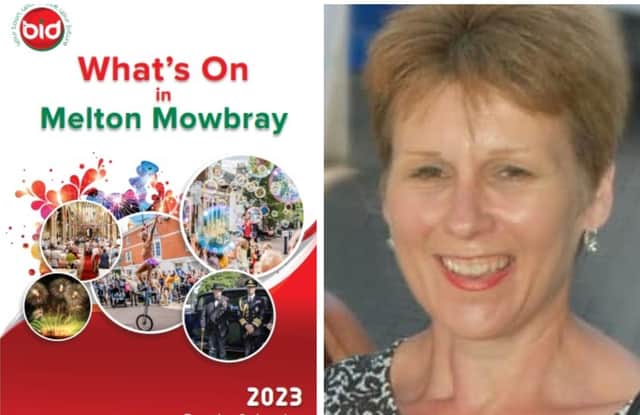 Melton BID manager Shelagh Core and the front cover of the town's new events guide for 2023