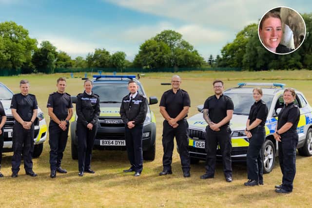 The expanded Leicestershire Police rural crime policing team, from left, Pc Rob Cross, Pc Riannon Simpson, Pc Mike Statt, Sgt Paul Archer, Insp Claire Hughes, T/ACC Adam Streets, Pc Chris Vickers, Pc Matt Houghton, Pc Lauren De Wet, Pc Kelly Tones and (inset) Pc Emma-Louise Holmes