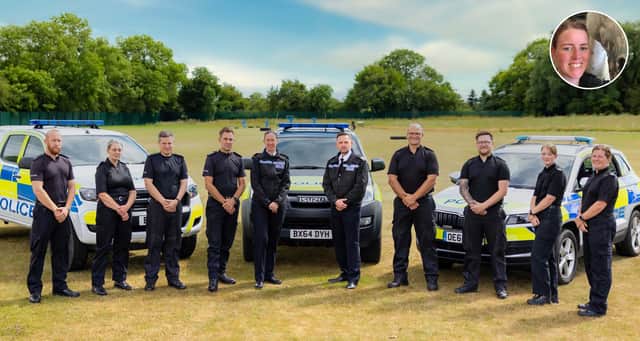 The expanded Leicestershire Police rural crime policing team, from left, Pc Rob Cross, Pc Riannon Simpson, Pc Mike Statt, Sgt Paul Archer, Insp Claire Hughes, T/ACC Adam Streets, Pc Chris Vickers, Pc Matt Houghton, Pc Lauren De Wet, Pc Kelly Tones and (inset) Pc Emma-Louise Holmes