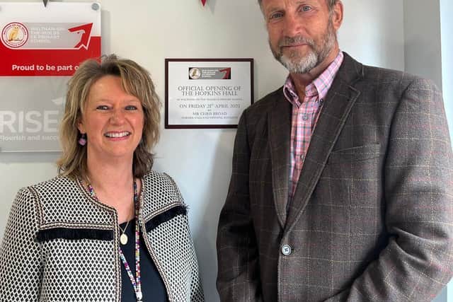 Chris Broad with Waltham Primary School executive head, Julie Hopkins, pictured during the official opening of the hall