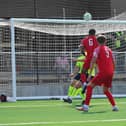 Pat Fini gets up to head home Melton's second goal on Saturday. Photo by Mark Woolterton.