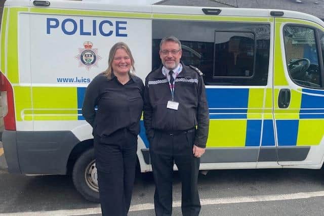 Det Sgt Lou Fenton is thanked and congratulated by Insp Darren Richardson on her retirement