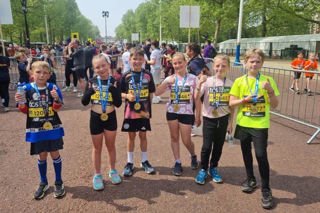 The six Sherard Primary School pupils who ran the London Mini Marathon on Saturday, from left: Henry (Yr 4), Bailie (Yr 5), Austin (Yr 6), Peggy (Yr 6), Noah (Yr 6) and Sebby (Yr 6)