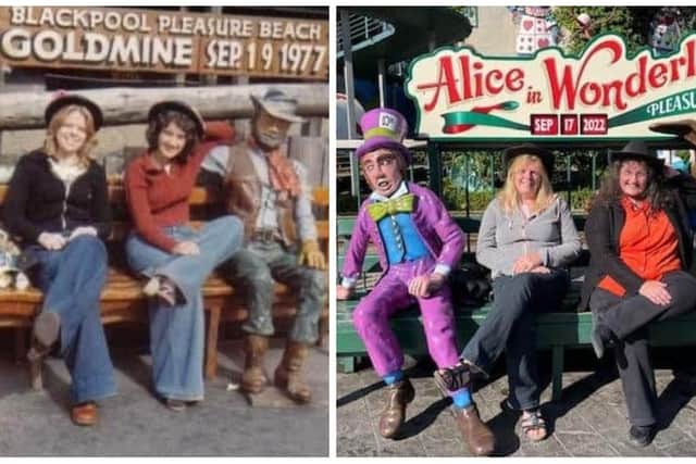Elsie Peters and Doris Cook pictured at Blackpool Pleasure Beach in 1977 (left) and in the same place again this month