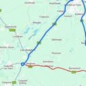 The A52 marked in red where the overnight closure will be, with the diversion route marked in blue IMAGE National Highways