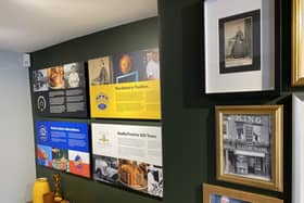 The heritage information boards at Ye Olde Pork Pie Shoppe in Melton Mowbray