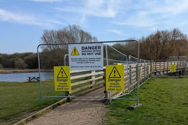 The flood-damaged bridge in Melton Country Park which needs to be replaced
