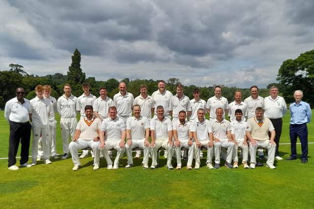 The MCC and Duchess of Rutland XI teams line up at Knipton before this year's match