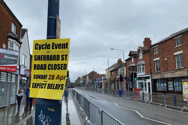 The damp scene in Sherrard Street, Melton Mowbray, where the finish to this year's Rutland-Melton CiCLE Classic was due to take place before organisers decided to abandon it.