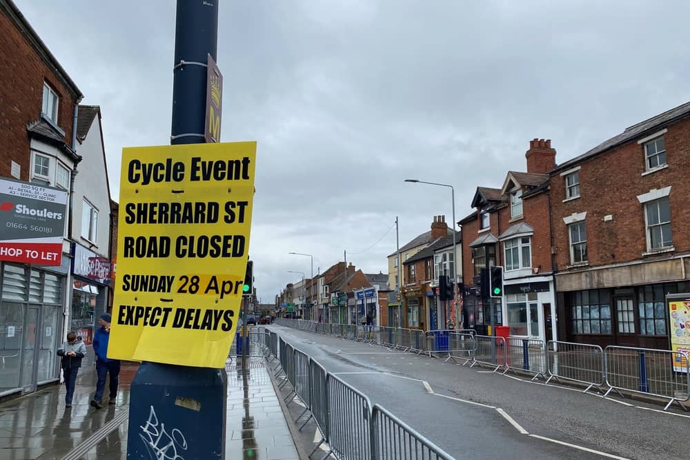 The damp scene in Sherrard Street, Melton Mowbray, where the finish to this year's Rutland-Melton CiCLE Classic was due to take place before organisers decided to abandon it.