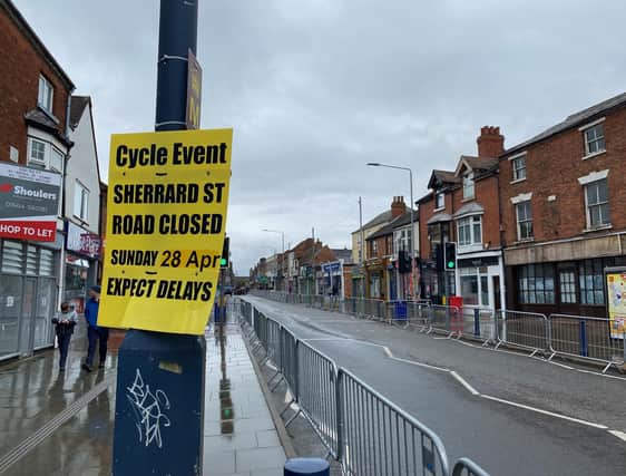 The damp scene in Sherrard Street, Melton Mowbray, where the finish to this year's Rutland-Melton CiCLE Classic was due to take place before organisers decided to abandon it.