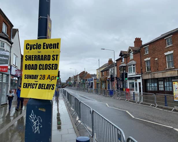 The damp scene in Sherrard Street, Melton Mowbray, where the finish to this year's Rutland-Melton CiCLE Classic was due to take place before organisers decided to abandon it.