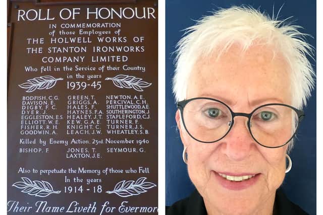 The war memorial from the former Holwell Works and Councillor Margaret Clay, who has helped move it to Asfordby Hill School