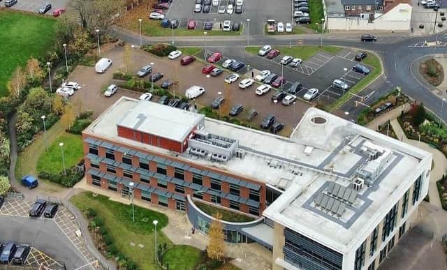 An aerial photo of the Melton Borough Council offices on Parkside