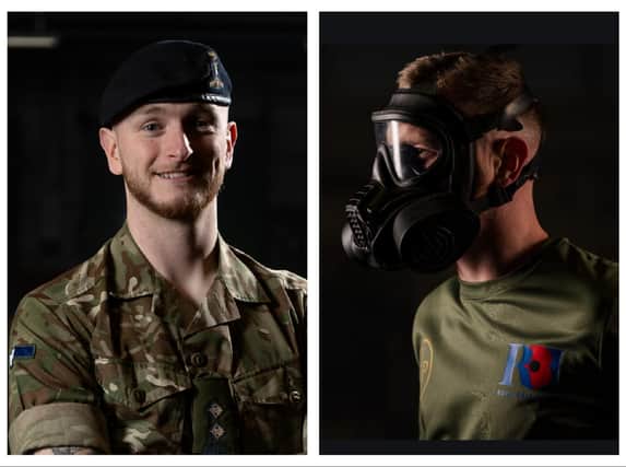 Capt Tyler Bury (left) and training for the marathon wearing a respirator PHOTOS: Instagram.com/8bymidnight and x.com/8byMidnight