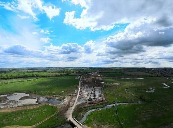 A drone photo of construction work taking place on Roundabout 5 for the NEMMDR at Saxby Road, Melton