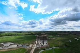 A drone photo of construction work taking place on Roundabout 5 for the NEMMDR at Saxby Road, Melton