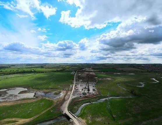 A drone photo of construction work taking place on Roundabout 5 for the NEMMDR at Saxby Road, Melton