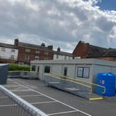 The new Covid vaccination centre in the Burton Street car park, in Melton, in a portable building