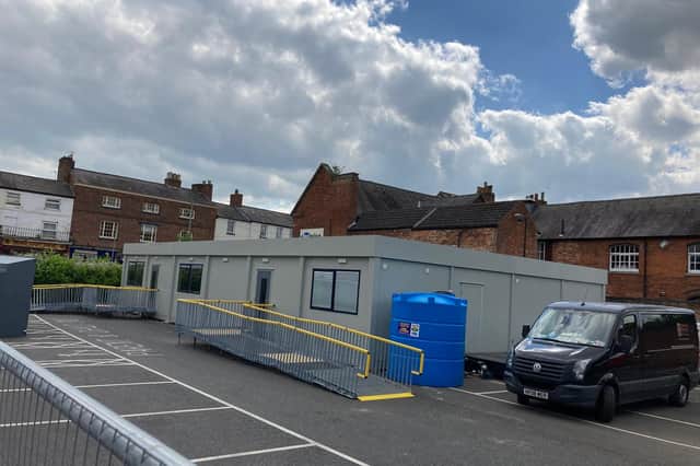 The new Covid vaccination centre in the Burton Street car park, in Melton, in a portable building