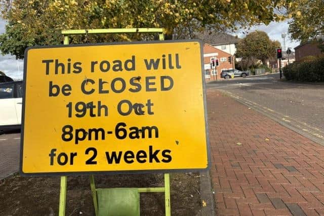 The closure sign on St Mary's Way, Melton - traffic flow has been reversed during the overnight second phase of work on Norman Way