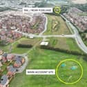 An aerial picture showing the glider crash site in Melton in August 2023 and the location where the tail and rear fuselage fell to