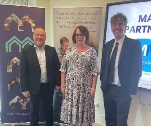MADMAC founder Amanda Heath with new educational officer, James Sherrenham (right), and Simon Taylor, chief executive of Melton Building Society, which is sponsoring the scheme
