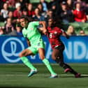 MELBOURNE, AUSTRALIA - JULY 21: Ashleigh Plumptre of Nigeria controls the ball Deanne Rose of Canada during the FIFA Women's World Cup Australia & New Zealand 2023 Group B match between Nigeria and Canada at Melbourne Rectangular Stadium on July 21, 2023 in Melbourne, Australia. (Photo by Robert Cianflone/Getty Images)