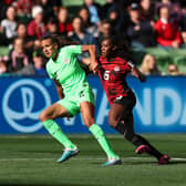MELBOURNE, AUSTRALIA - JULY 21: Ashleigh Plumptre of Nigeria controls the ball Deanne Rose of Canada during the FIFA Women's World Cup Australia & New Zealand 2023 Group B match between Nigeria and Canada at Melbourne Rectangular Stadium on July 21, 2023 in Melbourne, Australia. (Photo by Robert Cianflone/Getty Images)