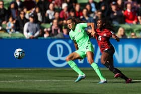 MELBOURNE, AUSTRALIA - JULY 21: Ashleigh Plumptre of Nigeria controls the ball Deanne Rose of Canada during the FIFA Women's World Cup Australia & New Zealand 2023 Group B match between Nigeria and Canada at Melbourne Rectangular Stadium on July 21, 2023 in Melbourne, Australia. (Photo by Robert Cianflone/Getty Images)