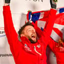 Amelia Coltman and Marcus Wyatt celebrate team gold for GB in the World Cup skeleton event.