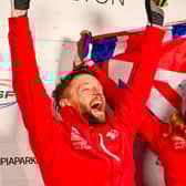 Amelia Coltman and Marcus Wyatt celebrate team gold for GB in the World Cup skeleton event.