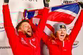 Amelia Coltman and Marcus Wyatt celebrate team gold for GB in the World Cup skeleton event.