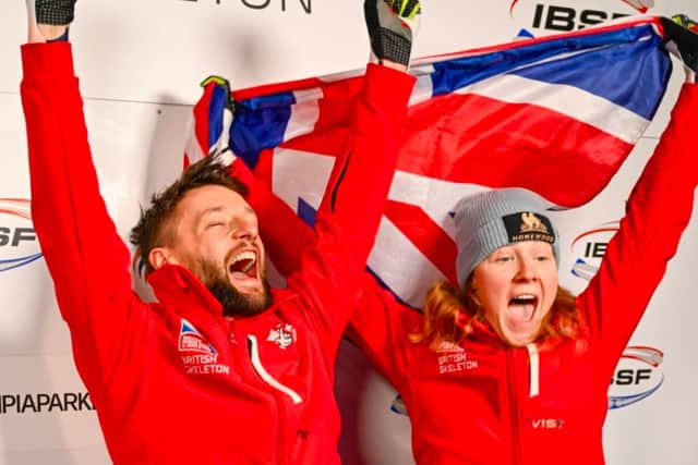 Amelia Coltman and Marcus Wyatt celebrate team gold for GB in the World Cup skeleton event.